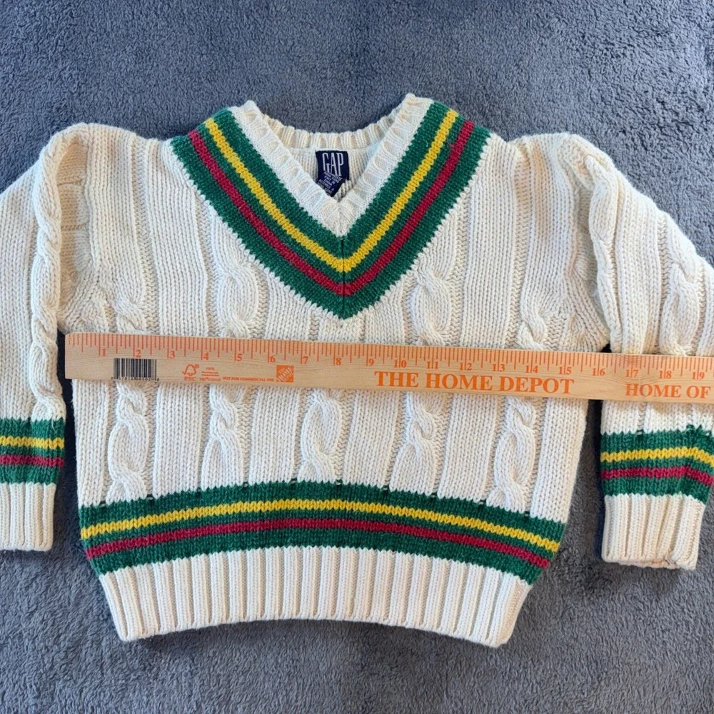 Vintage Gap Kids Cricket Sweater Cable Knit V-Neck‎ Ivory Green Red Yellow Small